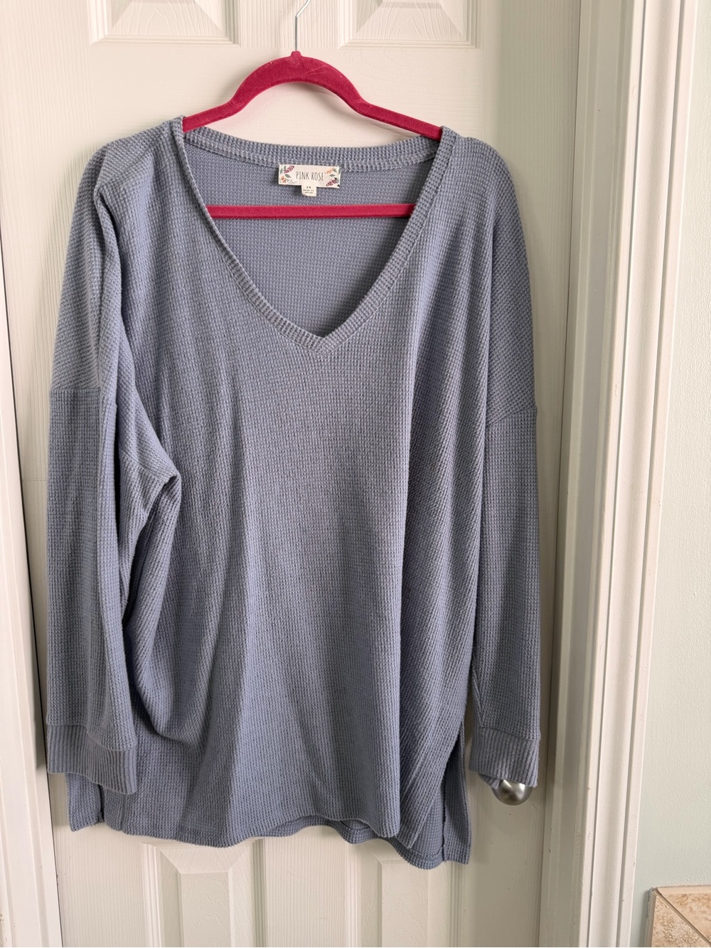 Pink Rose Plus Size 2X Blue Waffle Knit Tunic V-Neck Long Sleeve Side Slit